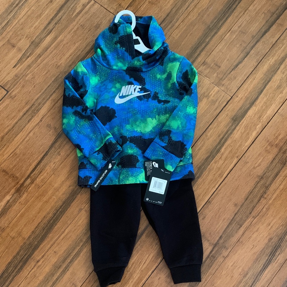 Nike Kids Blue and Green Camo Hoodie with Black Joggers